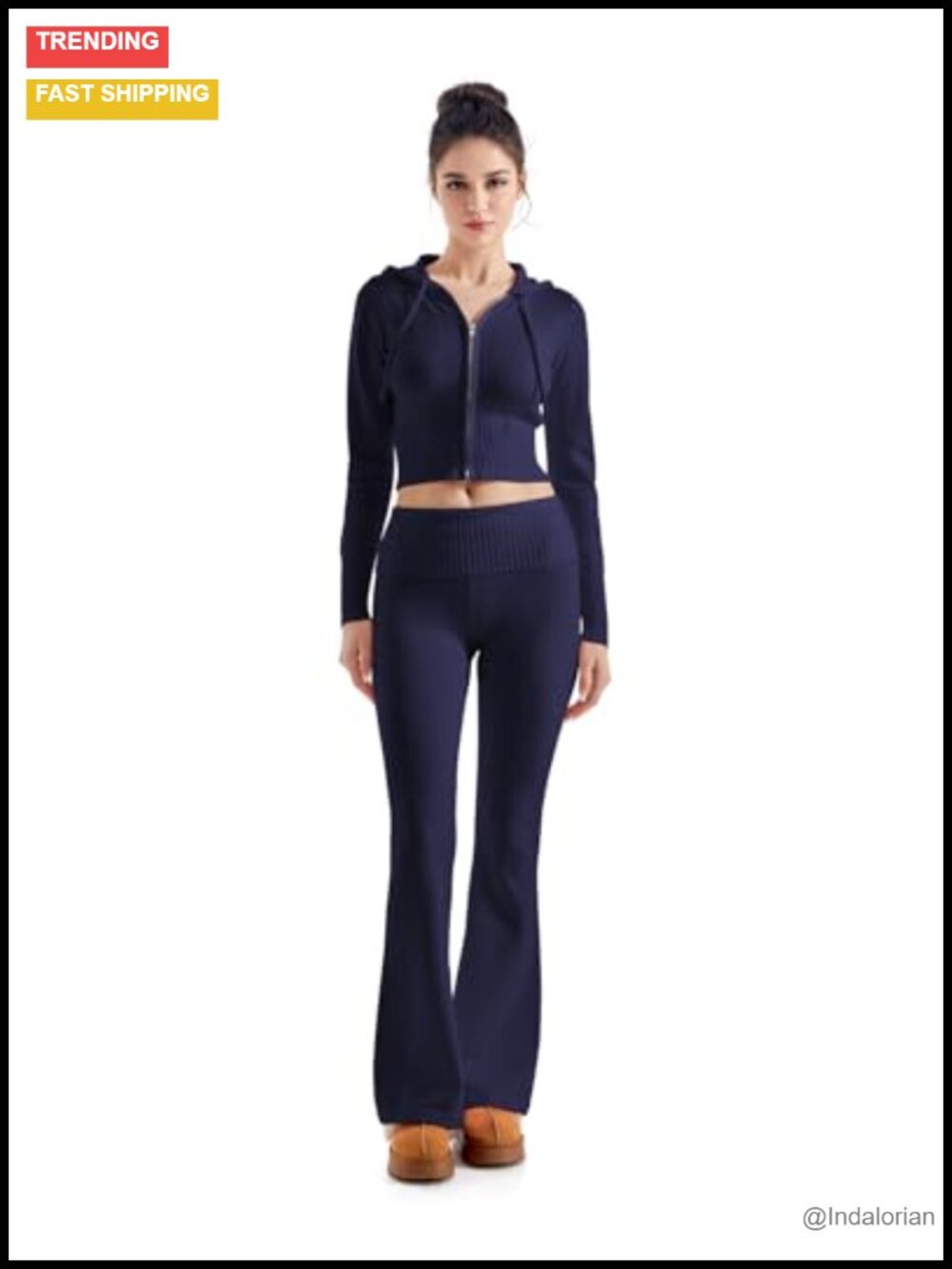 2 Piece Knit Set Cropped Zip Hoodie Flare Leg Pants Y2k Lounge Travel